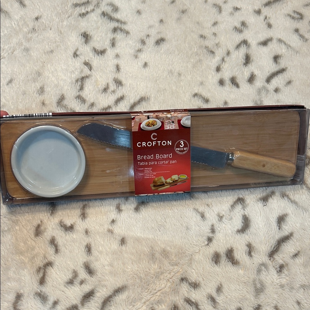 Crofton Bamboo Bread Board Set with White Ceramic Dip Bowl and Wood-Handle Knife